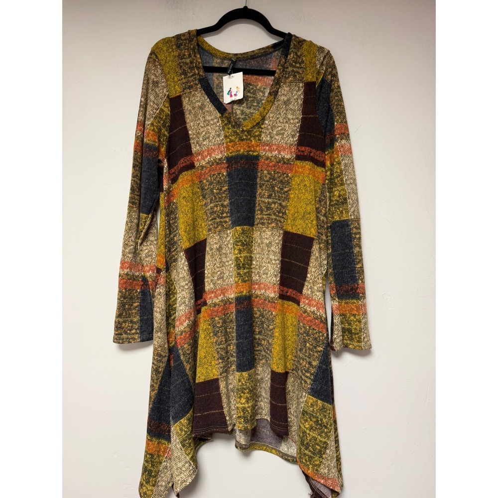 Emma‎ Rose Patchwork Plaid Long Sleeve Asymmetrical Hem Tunic Top XL